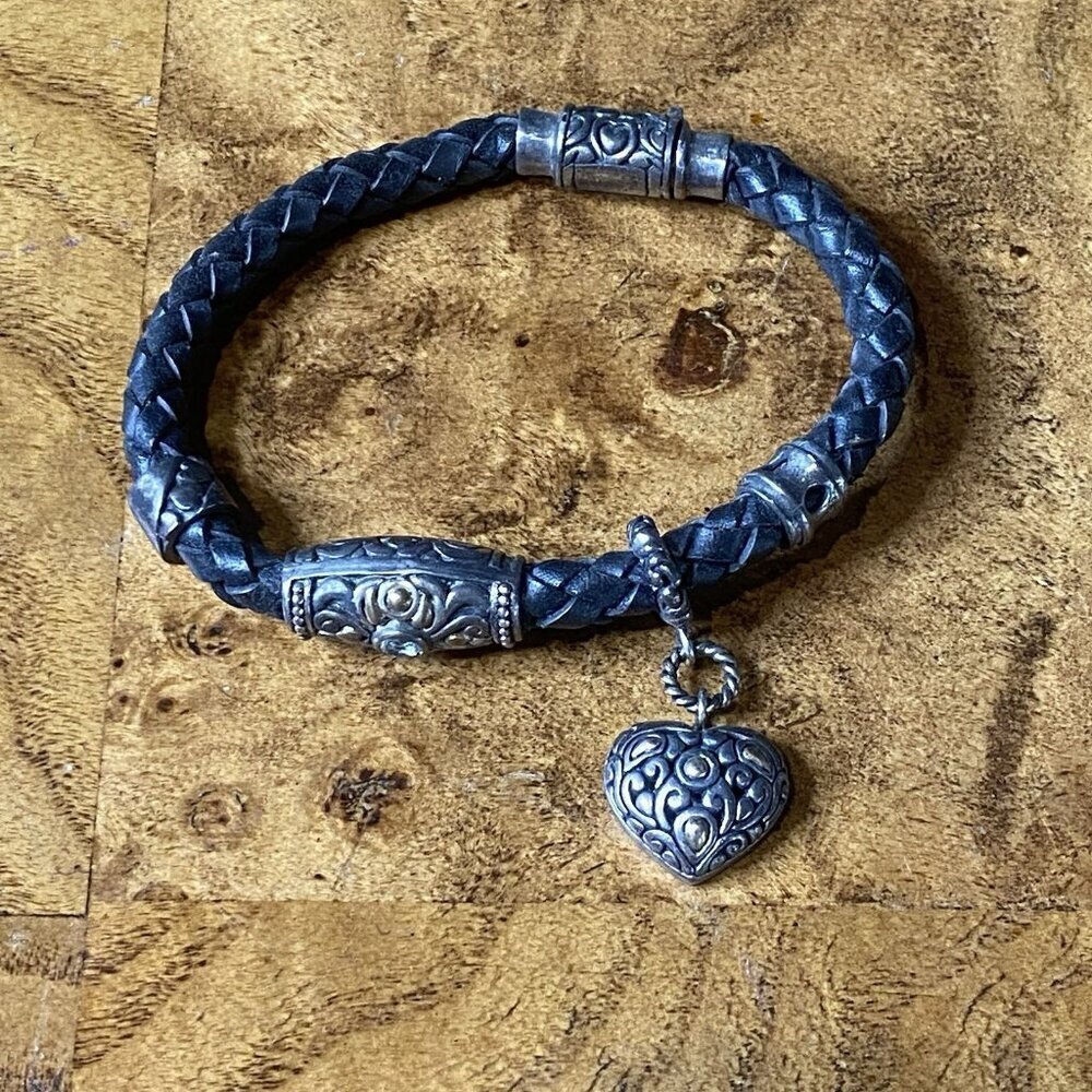 Black Leather Bracelet Silver 925 Stamped Plated Heart Dangle Charm Unbranded